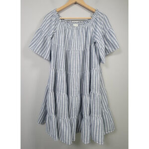 Max Studio Babydoll Dress XL Striped Linen Blend Flutter Sleeve Tiered Blue